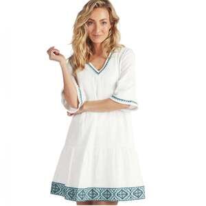 Esqualo White Embroidered Dress Size 6 V-Neck Boho Chic Summer Cotton Blend